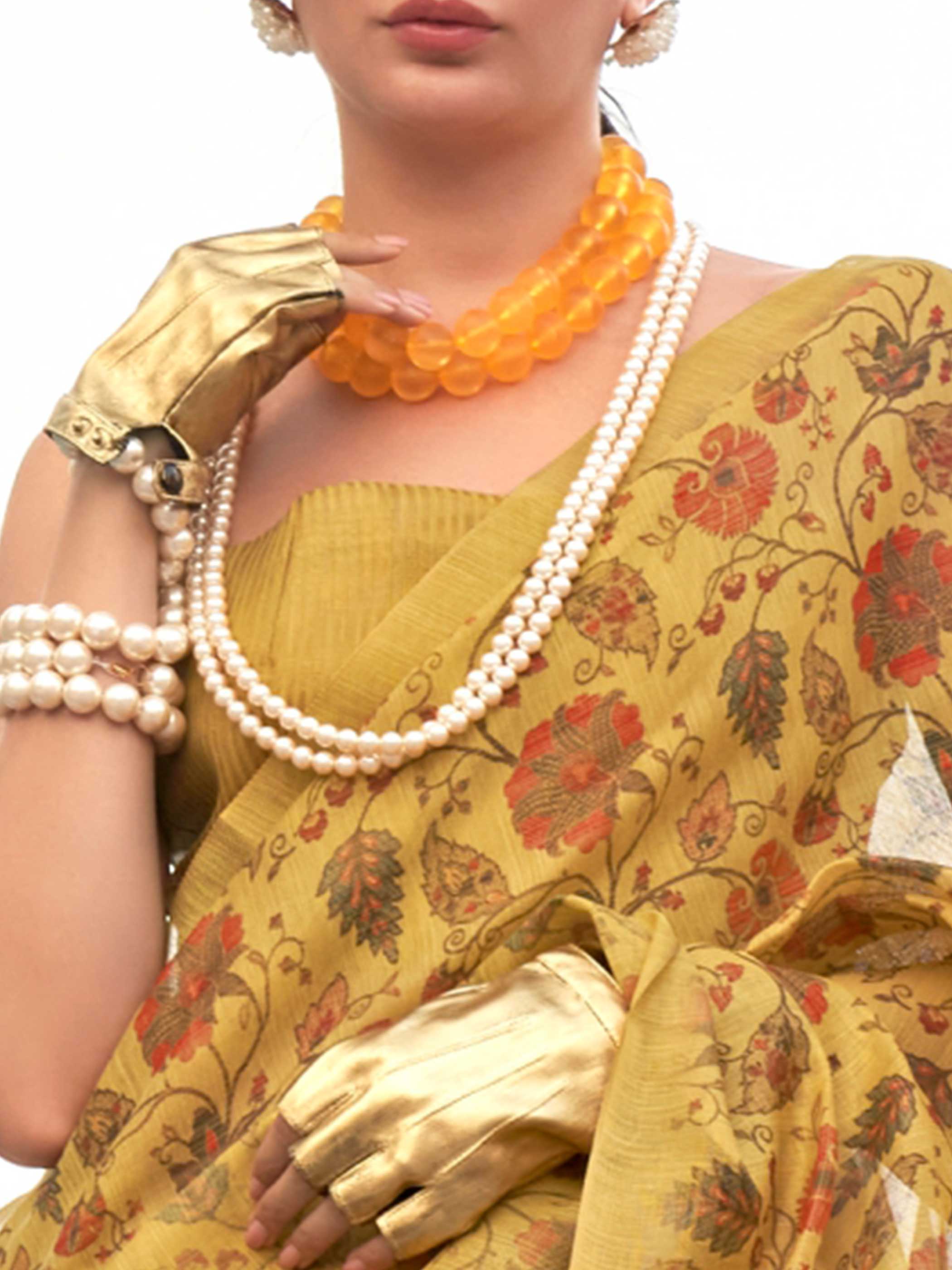 Yellow-Burnt Orange Saree in Handwoven Zari Tissue Featuring Floral Print - Image 4