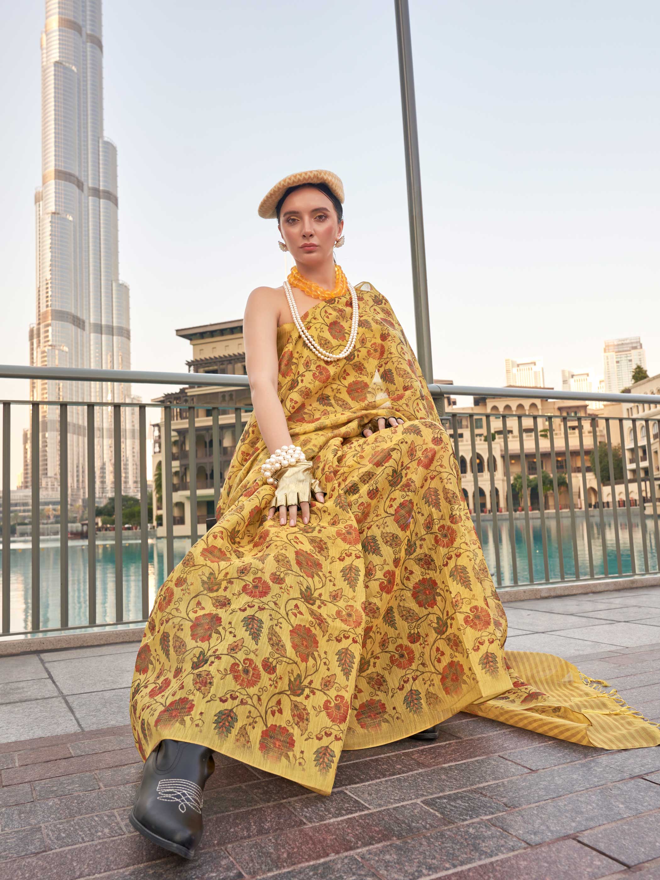 Yellow-Burnt Orange Saree in Handwoven Zari Tissue Featuring Floral Print - Image 5