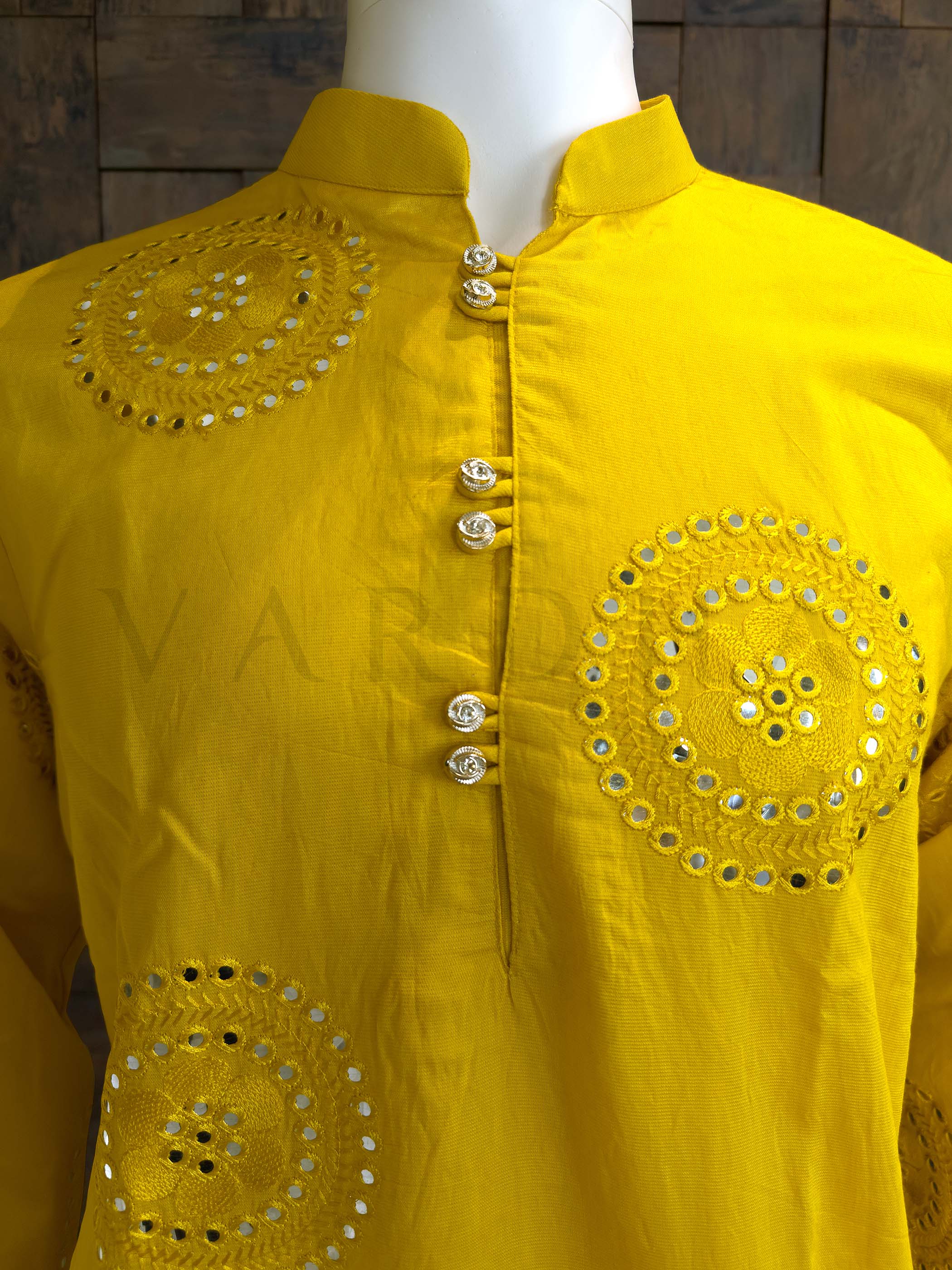 Yellow Embroidered Kurta with Thread and Mirror Work - Image 2