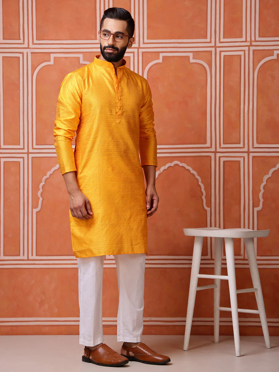 Yellow Jacquard Kurta with Diamond Pattern - Image 4
