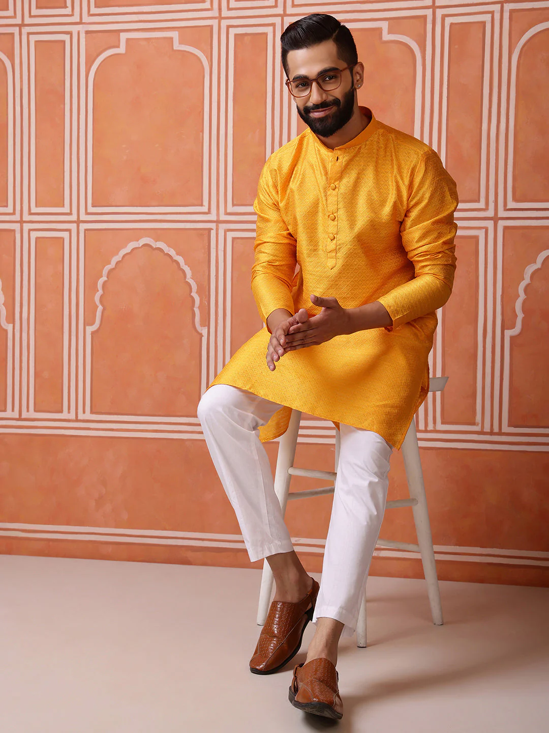 Yellow Jacquard Kurta with Diamond Pattern - Image 6