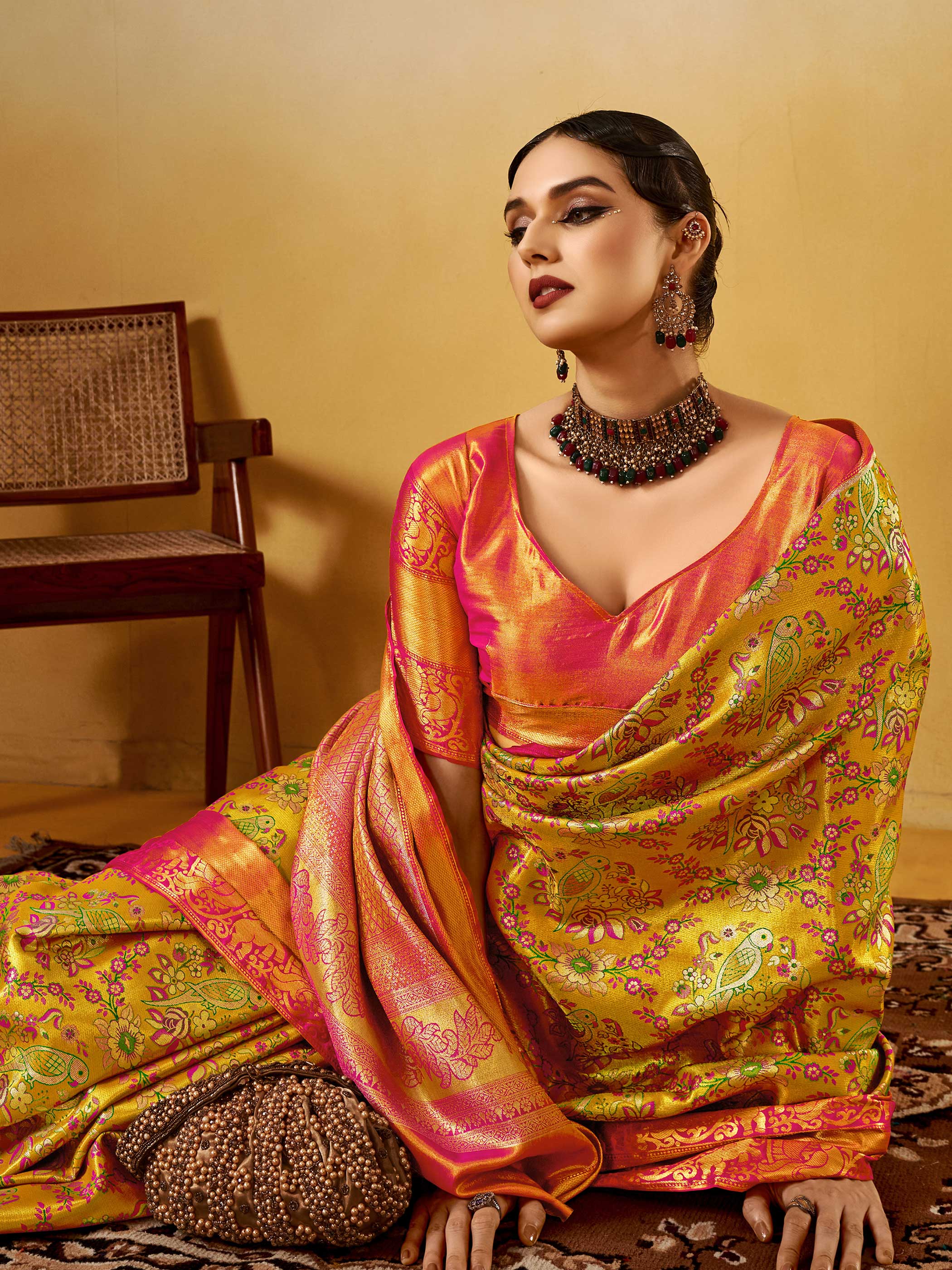 Yellow–Pink Banarasi Satin Silk Saree with Zari Work & Parrot Motifs - Image 6
