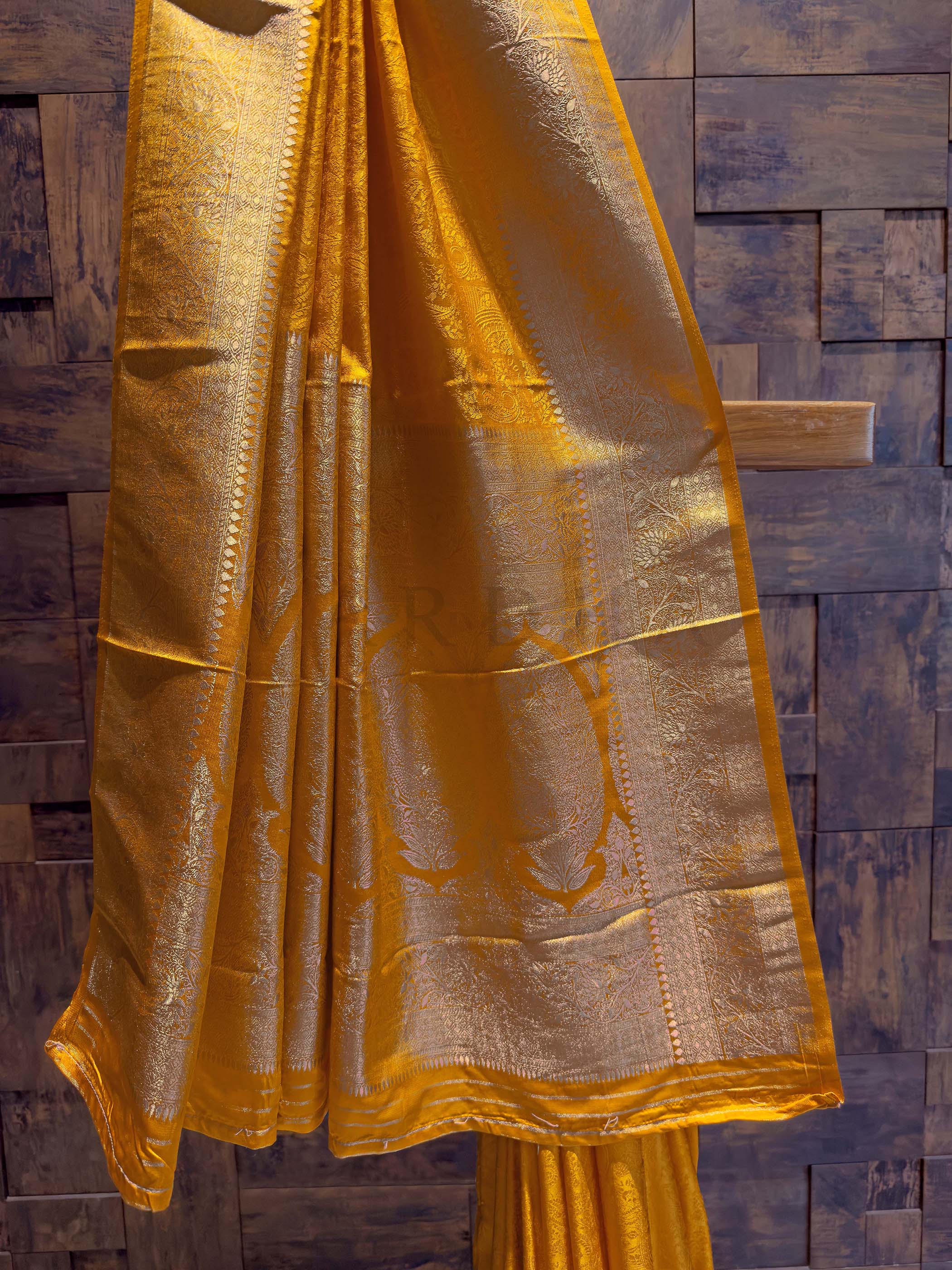 Mustard Yellow Banarasi Satin Silk Saree with Gold Zari - Image 3