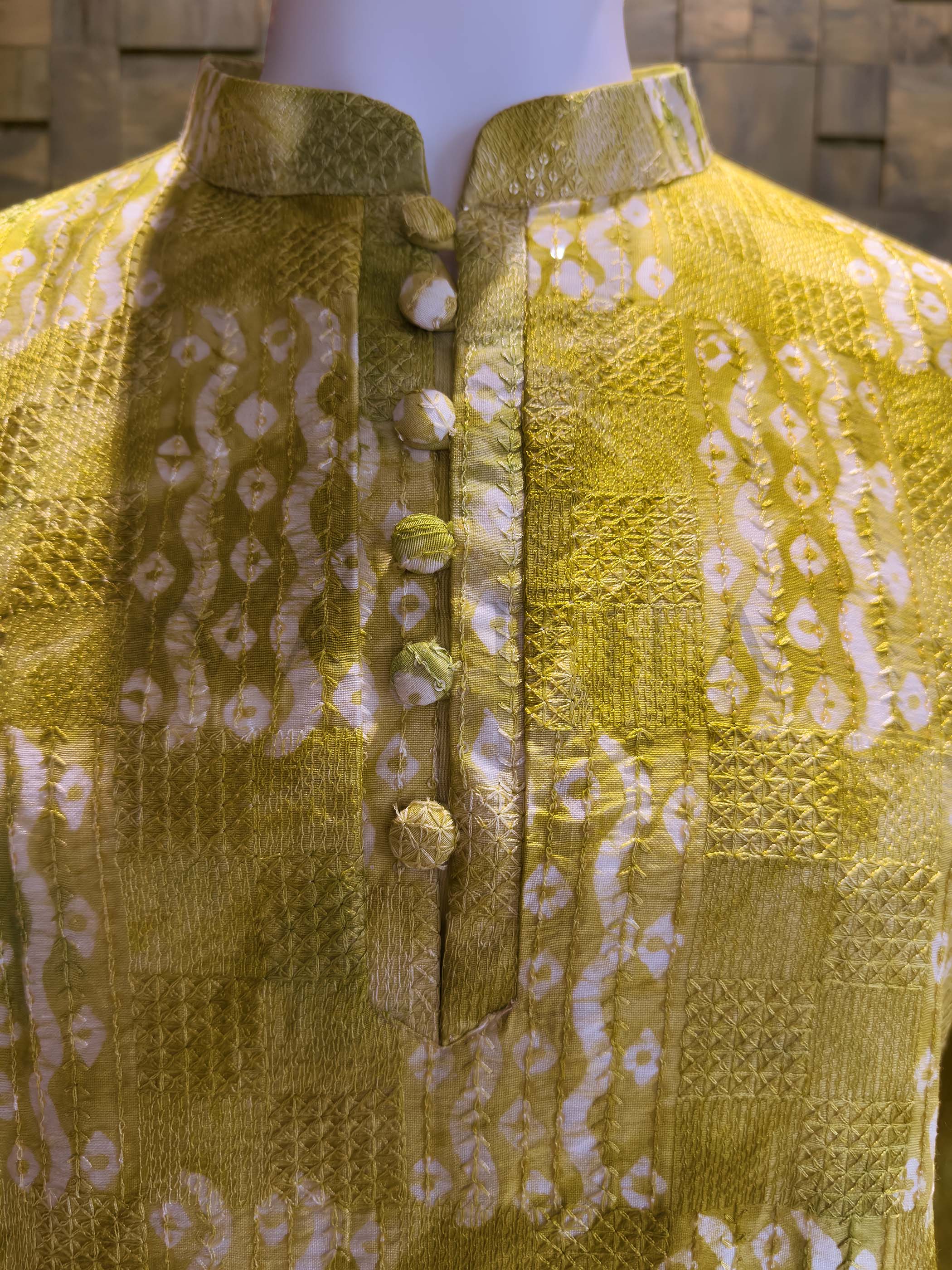 Yellow Viscose Chanderi Kurta with Shibori Dyed & Sequin Embroidery - Image 2